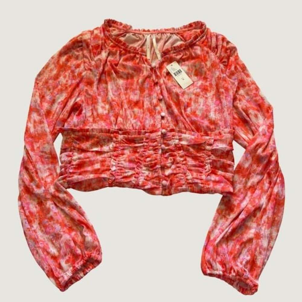 Anthropologie‎ Floral Crop Top M Smocked Waist Button Front Pink Rose New